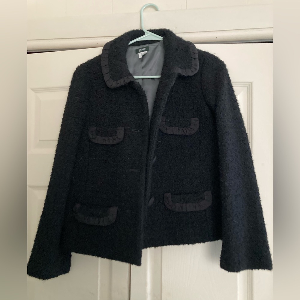 J Crew Black Tweed wool jacket with ruffle trim
